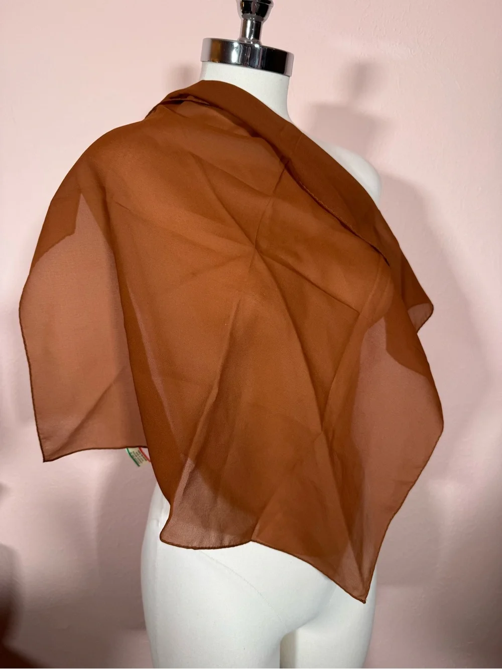 Vintage minimalist semi sheer rust brown rolled edge square scarf cravat EUC